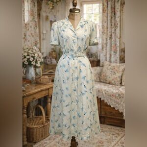 Vintage 1950s White Semi Sheer, Blue Abstract Print, Day Dress